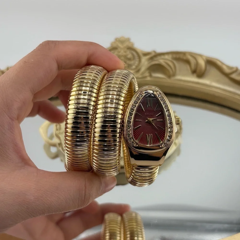 Serpenti Wrap Bracelet Watch – Gold Tone / Burgundy Dial ✨